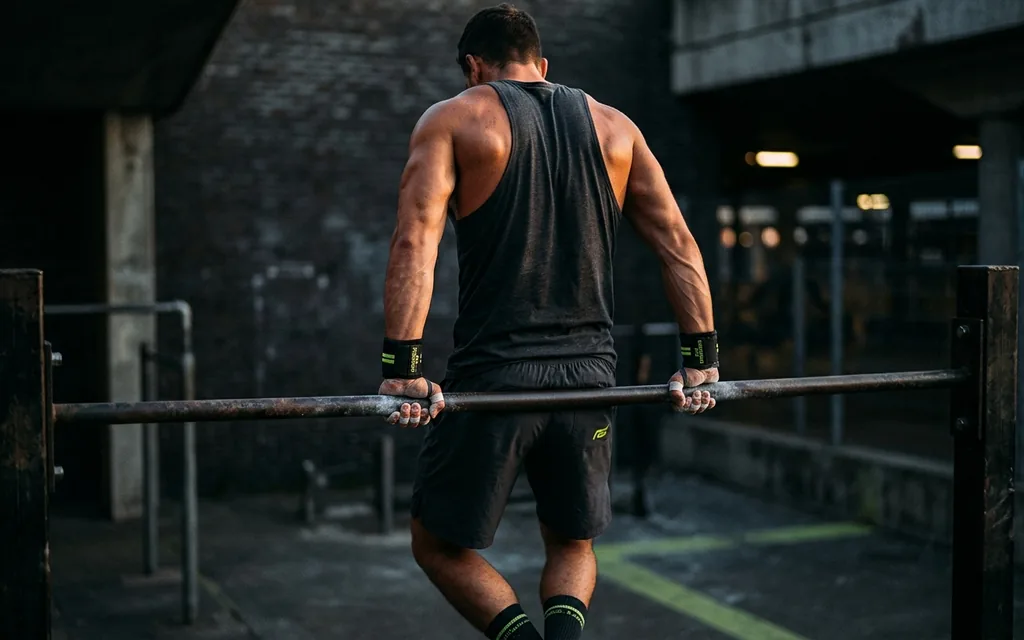 Athlète au sommet d'un muscle-up sur barre