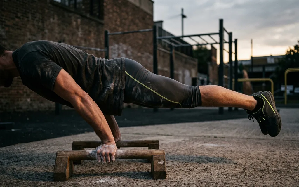 Athlète en planche complète sur parallettes