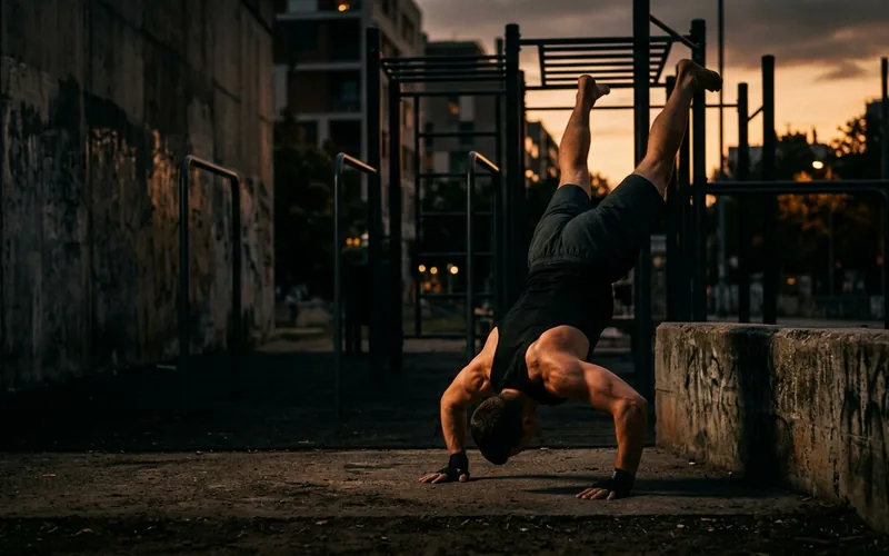 Athlète en handstand push-up contre un mur