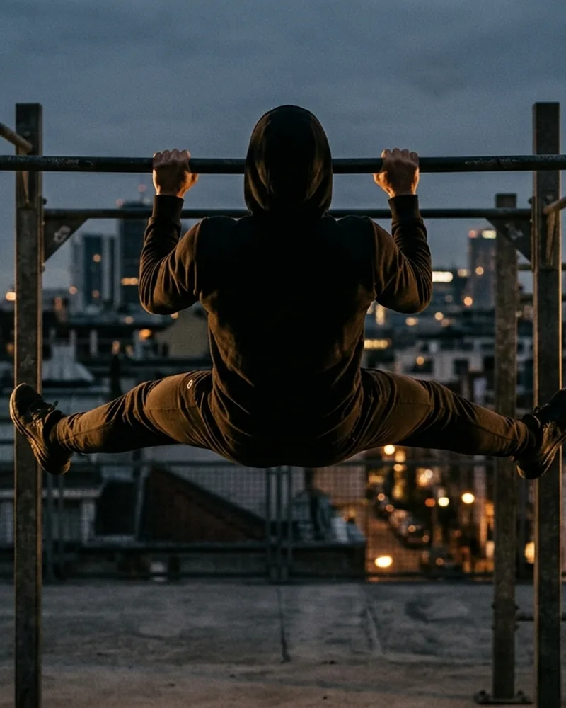 Athlète en front lever sur barre de traction extérieure